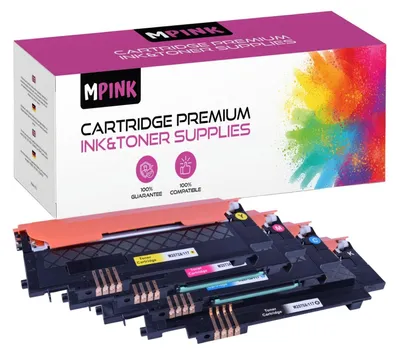 A box of printer toner cartridges with the cartridges themselves displayed below.