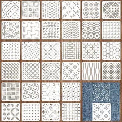 Productafbeelding van Sashiko sjablonen - Set van 32 - Quilax 13 x 13 cm - Kunststof Sashiko-sjablonen