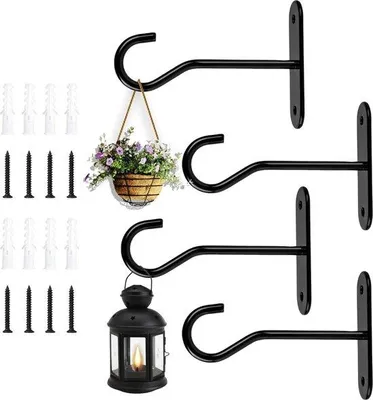 Produktbild von Famanu Pflanzenhalter Set - 4 Metallhaken für hängende Pflanzen, Vogelhäuser, Windspiele, Schwarz