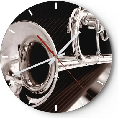 Produktbild von Wanduhr - Rund - Glasuhr - Musik Trompete Instrument Orchester - 40x40cm - Schleichendes Uhrwerk - Lautlos - zum Aufhängen bereit - Dekoration Modern - Wanddekoration aus Glas - C3AR40x40-1553