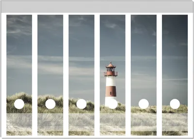 Produktbild von Wallario Ordnerrücken Sticker, selbstklebend für breite Ordner, 6 Stück, Motiv Leuchtturm auf der Düne am Strand