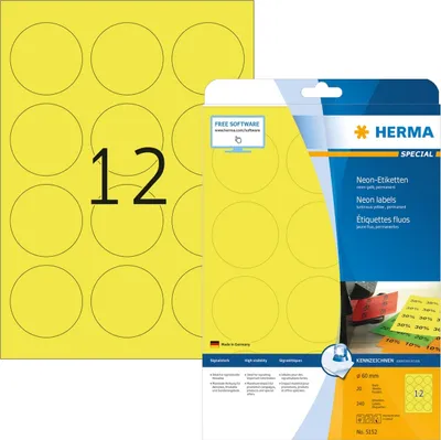 Produktbild von Etiketten neon-gelb Durchmesser 60mm Special A4 LaserCopy 240 Stück Packung mit 32 Stück