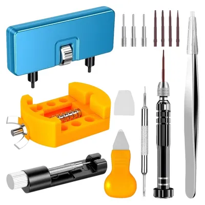 Imagen del producto de Kit profesional para relojeros - 7 piezas - Kit de reparación - Abrelatas para cajas de relojes - Destornilladores - Herramientas para el mantenimiento de relojes - Kit de reparación de relojes