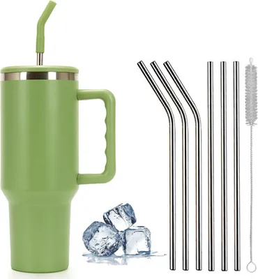Produktbild von 1200ml Becher mit Griff und Stroh, 304 Doppelwandiger Vakuum Edelstahl Tragbare Autobecher Reiseflasche, Kaffeebecher für unterwegs oder Büro, Grün, 40 OZ
