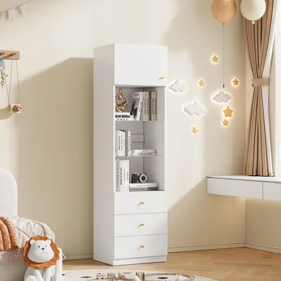 Immagine prodotto di Scaffale per bambini Merax, vetrina a colonna con vano aperto e 3 cassetti, ripiani in vetro, libreria, mobili per cameretta, 50×40×180 cm, bianco