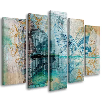 Produktbild von 5-teiliges leinwandbild vogelkäfig vintage türkis 200x100 cm Feeby blau wandbild bereit zum aufhängen