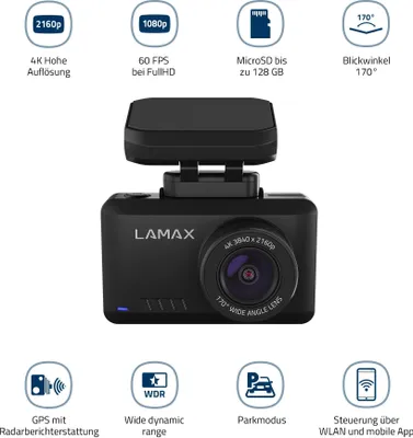 A product shot of a dashcam with feature callouts.
