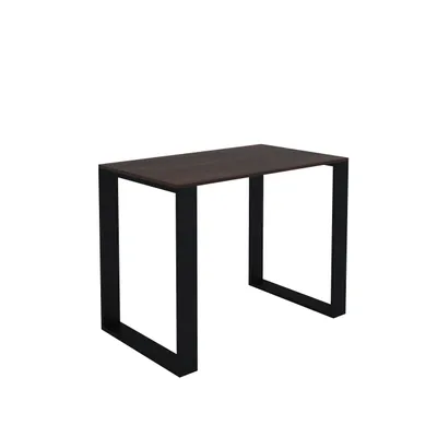 A product shot of a table with a walnut-colored top and black legs, isolated on a white background.