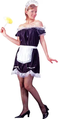 A woman in a maid costume holding a duster.