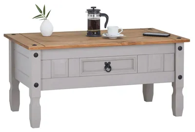Produktbild von Couchtisch RAMON im Mexiko-Stil Wohnzimmertisch Beistelltisch Kiefer massiv, grau/braun lackiert mit 1 Schublade