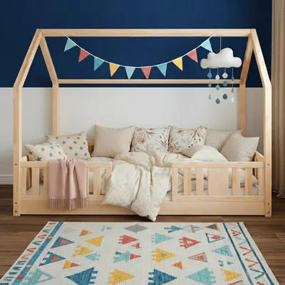Produktbild von MEBLE WRÓBEL Hausbett Bodenbett 90x180 cm mit Rausfallschutz und Lattenrost - Montessori Einzelbett - Kinderbett aus Kiefer Massivholz Unlackiert - Kleinkindbett für Jungen & Mädchen