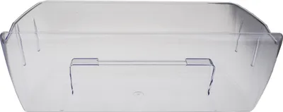A clear, front-facing view of a transparent plastic vegetable drawer.