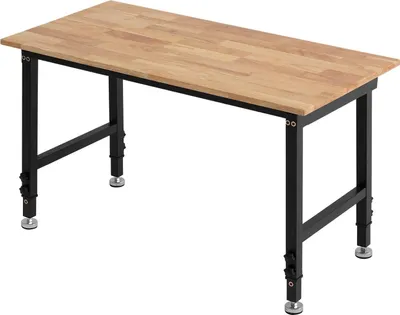 Immagine prodotto di Banco da lavoro regolabile, capacità 680 kg, piano in legno di quercia 122 x 60 cm con regolazione in altezza da 67 a 102 cm, tavolo da lavoro in legno massiccio per garage, officina, casa, ufficio, uso commerciale
