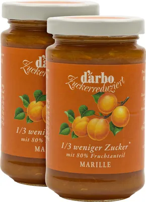 Produktbild von Food-United FRUCHTAUFSTRICH zuckerreduziert von DARBO Marille 2x 250g Glas fruchtiger Aprikose fruit spread mit 1/3 weniger Zucker perfekt für Brot und Brötchen Frühstück Erdbeerkuchen Quark Porridge Puddings Eiscremes Torten Füllungen Gebäck