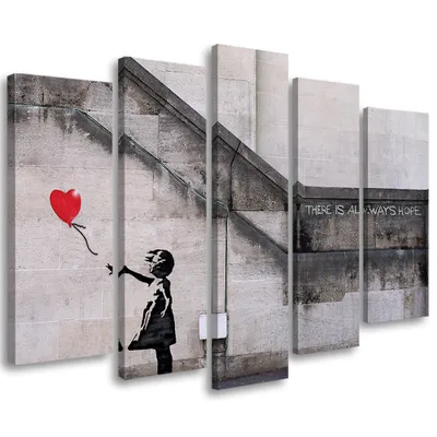 Produktbild von 5-teiliges leinwandbild banksy mädchen luftballon 100x70 cm Feeby grau wandbild bereit zum aufhängen