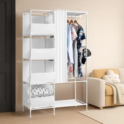 Produktbild von Stoffschrank Kleiderschrank, Kleiderstange und Ablagen,4-layer Doppelreihe, hochbeinig, Vorhang, 105*45*170cm,Weiß