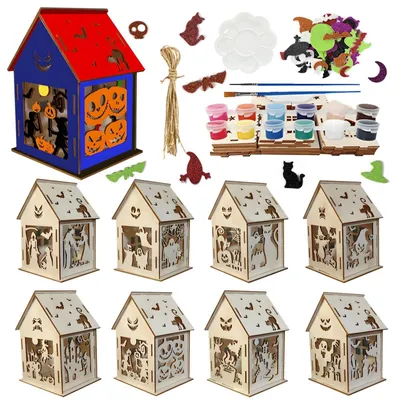 Image de Kit de bricolage d'Halloween pour enfants : 8 maisons d'Halloween à construire en bois