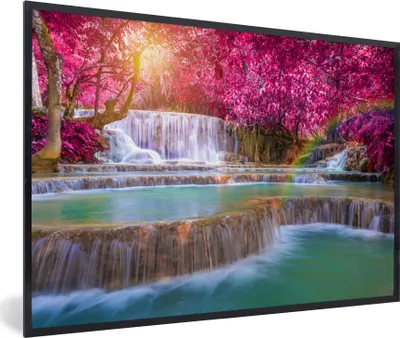 Produktbild von MuchoWow® Gerahmtes Poster Wasserfall - Regenbogen - Bäume - Rosa - Natur 60x40 cm - Poster mit Schwarzem Bilderrahmen Wandposter Rahmen Foto Bilder - Printing - Wanddeko Schlafzimmer