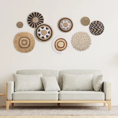 Boho-Wandmandset, 9-teilig, gewebt, Seegras, Rattan, rund