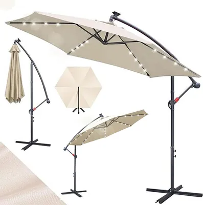 Immagine prodotto di Ombrellone Izrielar 3 m beige con luce LED, ombrellone da giardino con manovella, protezione solare UV 50+, inclinabile e stabile, con base a croce, per terrazza e giardino