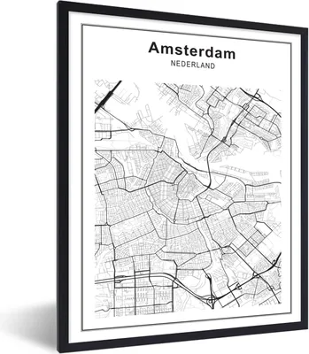 Produktbild von MuchoWow® Gerahmtes Poster Stadtplan - Amsterdam - Schwarz und Weiß 30x40 cm - Poster mit Schwarzem Bilderrahmen Wandposter Rahmen Foto Bilder - Wanddeko - Kunstdrucke