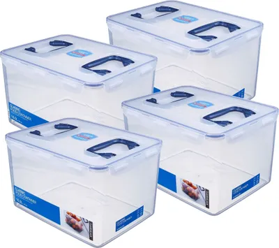 Four clear plastic food storage containers with blue lids and handles are arranged in a staggered formation against a white background.