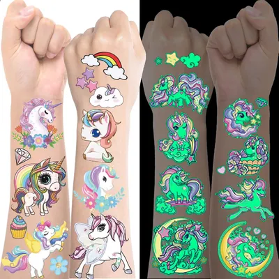 Image de Autocollants de tatouage licorne, plus de 150 pièces, phosphorescents, pour enfants