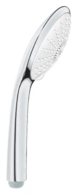 A close-up studio shot of a chrome and white hand shower head against a white background.