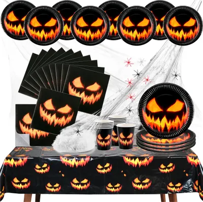 Obrázok produktu pre com-four® 38-dielna halloweenska stolová súprava - dekorácie s pavučinou, pavúkmi, šálkami, taniermi, obrúskami a obrusom na halloweenske a tematické párty [výber sa líši]