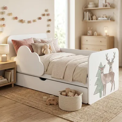 Immagine prodotto di Lettino "Wolke" 140x70 cm bianco | Set completo con materasso, cassetto e spondina di sicurezza | Lettino junior, animaletti colorati