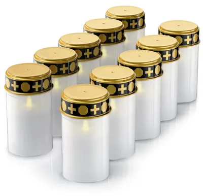 Imagen del producto de Bearware, juego de 10 velas LED para tumbas, funcionan con pilas, con efecto parpadeante y luz blanca cálida de 3000 K, duración de la luz de aproximadamente 4 meses por juego de pilas, para colocar en tumbas, 10 unidades, color blanco