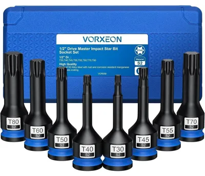 Productafbeelding van Torx bit doosset, 1/2" aandrijving, T30-T80, S2 staal, 8-delig, met opbergbox