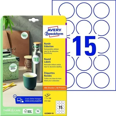 Produktbild von Avery Zweckform 6225REV-10 Runde Etiketten, ablösbar, A4, Ø 51 mm, weiß