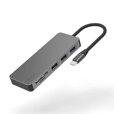 A gray USB hub with multiple ports and a USB-C connector is shown against a white background.