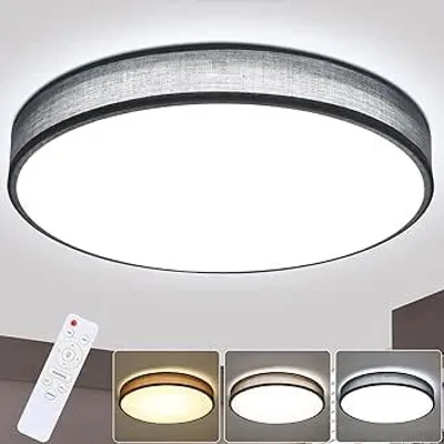 Zdjęcie produktu dla ZMH Lampa sufitowa LED do salonu ściemnialna z pilotem Ciemnoszara okrągła lampa z kloszem z tkaniny Nowoczesna lampa sufitowa do kuchni przedpokoju Średnica 38