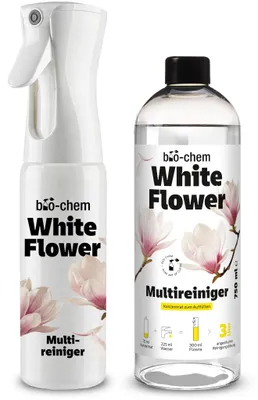Produktbild von bio-chem White Flower Multireiniger Konzentrat mit Duft | Premium Allzweckreiniger für Küche Bad Glas Böden | Bis zu 3 Liter Reinigungslösung | Duftsprühflasche Flowra + 750 ml Refill