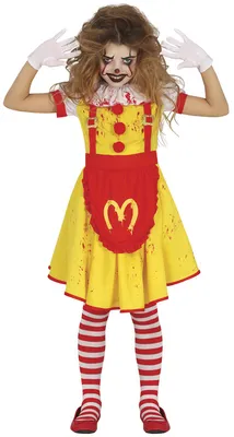 Productafbeelding van Halloween clown kostuum voor kinderen, kleurrijk, grappig en beangstigend. Ideaal voor carnaval, verkleedpartijen en feestjes. Creatief, kleurrijk, met een grijns. Een spookachtige verschijning. Maat: 98/104. Kleur: geel