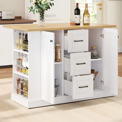 Immagine prodotto di Carrello da cucina con ruote bloccabili e piano di lavoro pieghevole, isola mobile per la cucina con 3 cassetti, ripiano e spazio contenitivo, colore bianco