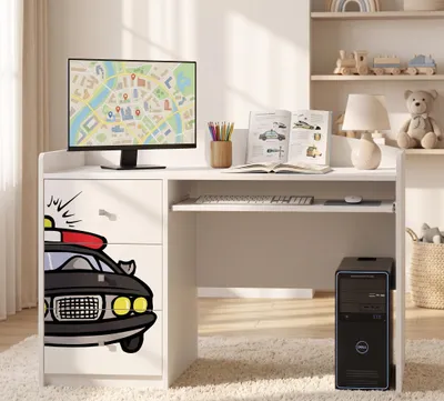 Immagine prodotto di Scrivania per bambini, scrivania per studenti, bianca, con armadietto e cassetto | Tavolo da studio per ragazze e ragazzi | Design accattivante con decorazioni, Immagine generata dall'IA