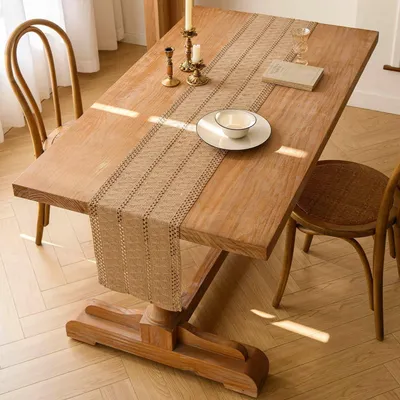 Produktbild von Jayusaror Tischläufer braun Boho Makramee moderne Frühling Bauernhaus kleines Tischdeckchen schmal ländlicher Stil rustikaler Tischläufer aus Baumwolle Leinen Tischläufer für Hochzeit Küchendekoration 30x140 cm