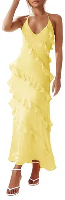 Produktbild von Damenkleid, Chiffon-Unterkleid, rückenfrei, mit Falten und Quasten.