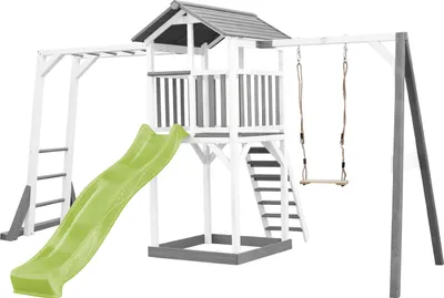 Produktbild von AXI Beach Tower Spielturm aus Holz in Weiß & Grau | Spielhaus für Kinder mit hellgrüner Rutsche, Klettergerüst, Schaukel und Sandkasten | Stelzenhaus für den Garten