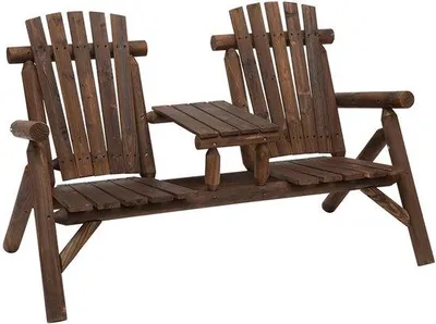 Produktbild von Zweisitzige Terrasbank aus Eichenholz - Adirondack-Stil - mit Tisch und Armlehnen - für Balkon und Terras - 157 x 88 x 103 cm - braun