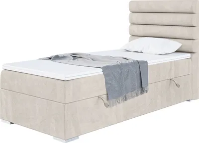 Produktbild von MEBLINI Boxspringbett mit Bettkasten - Gepolstert Einzelbett mit Matratze und Topper - Polsterbett mit Stauraum - Bett mit Kopfteil - Stauraumbett - KARIM - 100x200 Rechts  - H3/Beige Samt