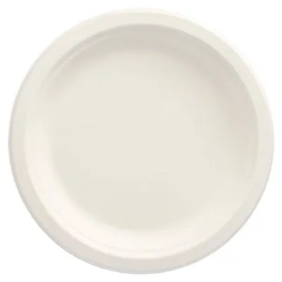 Produktbild von PAPSTAR Teller aus Zuckerrohr "pure", Ø 18 cm, ungeteilt, weiß | Schrumpffolie (12 Stück)