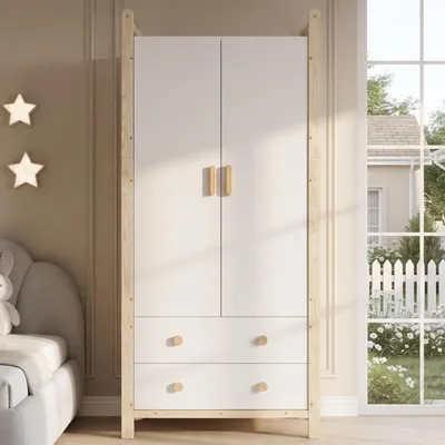 Imagen del producto de Armario con barra para colgar, 2 puertas y 2 cajones, color blanco/natural, estructura de madera de pino