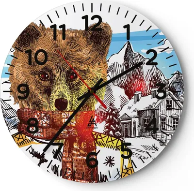 Produktbild von Wanduhr - Rund - Glasuhr - Bär Berge Kinder Winter - 40x40cm - Schleichendes Uhrwerk - Lautlos - zum Aufhängen bereit - Dekoration Modern - Wanddekoration aus Glas - C4AR40x40-3205