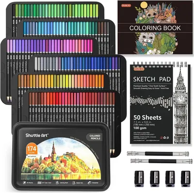 Produktbild von Shuttle Art 174 Malvorlagen, professionelle Stifte auf Wachsbetreien, Set 1 Buch, Skizzenbuch, DIY -Maleblatt, 4 Scharfschützen 2 Stift Extenders,