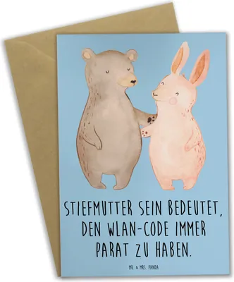 Produktbild von Mr. & Mrs. Panda Glückwunschkarte Stiefmutter Heldin - Blau Pastell - Geschenk, einladungskarten, weihnachtskarten, Verwandte, sein, Familie, Stiefkind, osterkarten