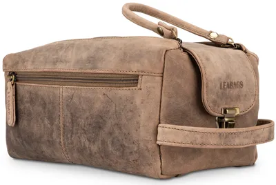 Produktbild von LEABAGS großer Leder Premium Kulturbeutel Damen & Herren I Kulturtasche für Männer & Frauen I Geräumige Kosmetiktasche I Wachtasche I Beauty Case I Waschbeutel I Vintage Graubraun – Größe Palm Bay